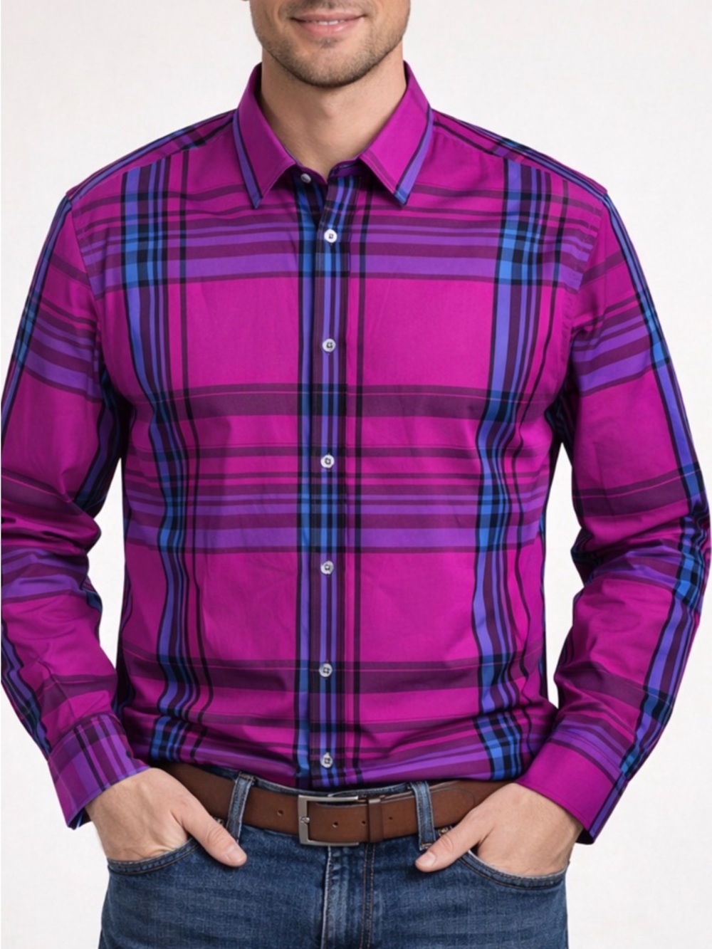 Kenneth Cole Unlisted Pink Purple Blue Plaid Button Down Shirt M